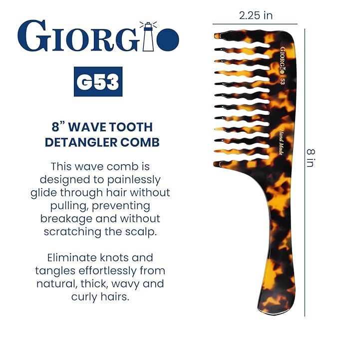 Giorgio G53 Wide Tooth Comb for Curly Hair Detangler, Wide Tooth Combs for Women with Thick Hair, Large Tooth Comb For Wet and Dry, Handmade Rake Detangler Saw-Cut and Hand Polished (8")