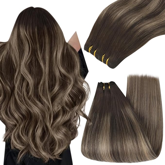 YoungSee Balayage Human Hair Sew in Extensions Chocolate Brown with Ash Blonde Balayage Weft Extensions One Piece Weft Hair Extensions Human Hair for Natural Look 22Inch 100G