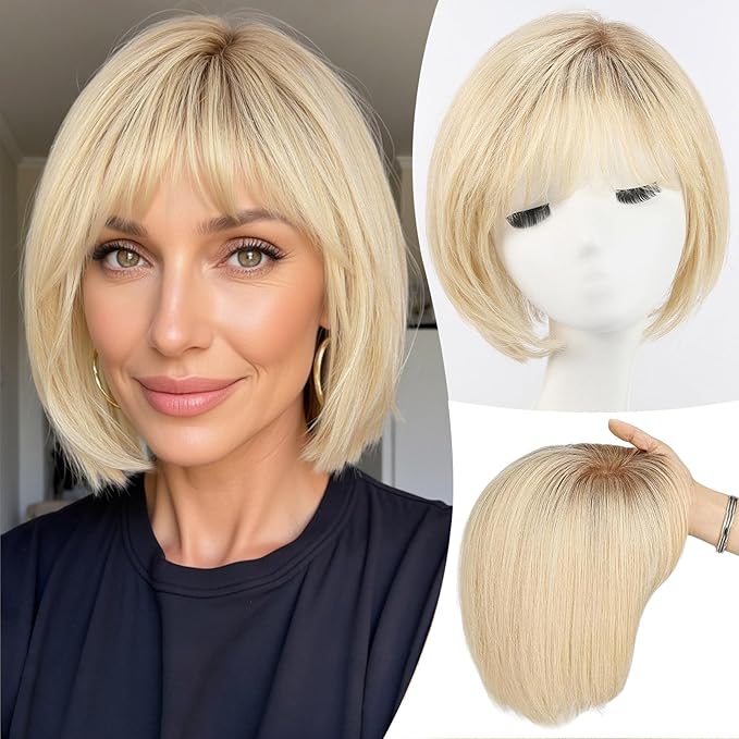 EMMOR Human Hair Toppers for Women Short Bob Real Hair with Bangs 10" Side Part Hairpieces for Women with Thin Hair 6.5" × 6.5" Larger Base Human Wig Toppers(Ombre Light Blonde)