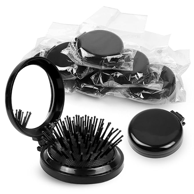 Mini Folding Hair Brush with Mirror - 50 Pack Pocket Travel Brush for Girls, Black