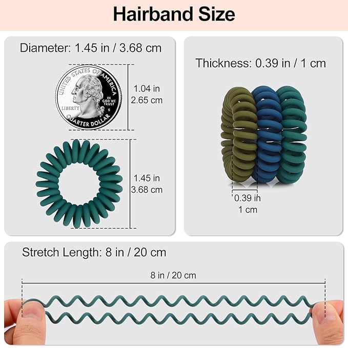 JessLab Spiral Hair Ties, 20 Pcs Traceless Phone Cord Hair Ties No Crease Spiral Bracelet Plastic Coil Ponytail Holders No-Damage Headband Hair Accessory for Girls Women Ladies (Dark Colored Matte)