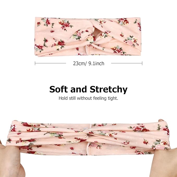 DRESHOW 6 Pack Boho Cotton Non-Slip Headbands for Women Girls Yoga Workout Running Knotted Turban Floral Elastic Head Wrap