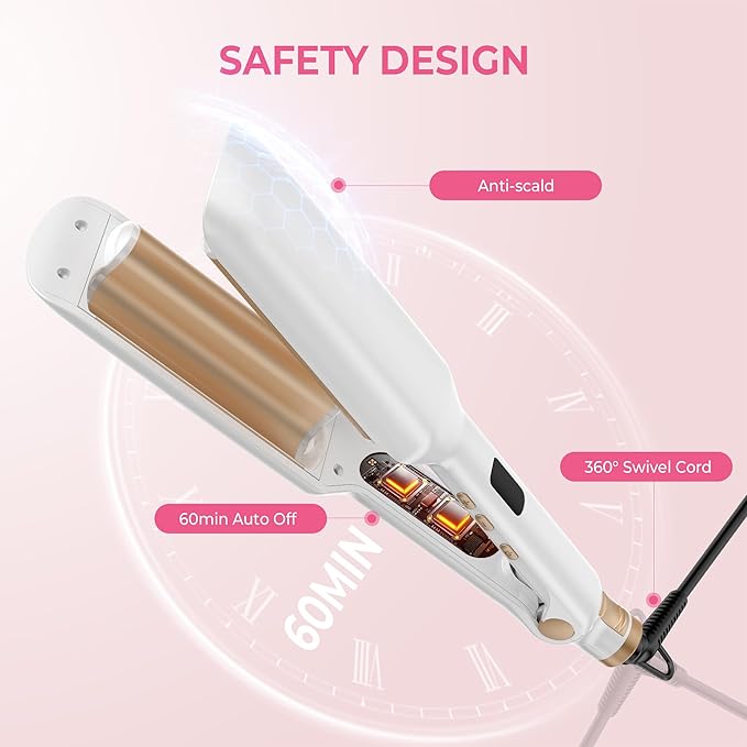 Hair Crimper Waver Curling Iron, 1/2 Inch Beach Waves Curling Wands, Ceramic 2 Barrels Deep Waver, Dual Voltage Hair Culer Tools with EU/UK Plug Adapter,12 Temps, 30S Heat up, Auto-Off (White Gold)