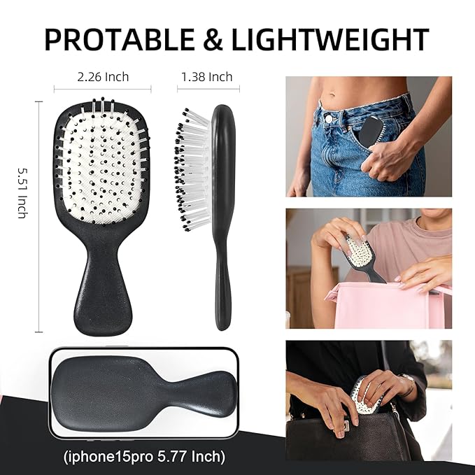 Mini Hair Bursh for Women Men and Kids, Protable Travel Size Hair Brush for Pockets Purses, Mini Detangler Brush for All Hair Types, Small Paddle Brush for Detangling (Black)