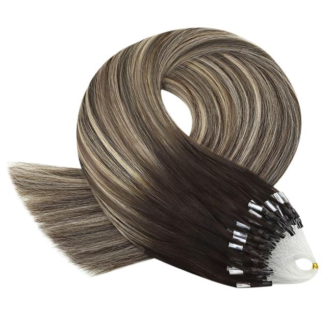 YoungSee Micro Loop Hair Extensions Real Human Hair Balayage Microlink Hair Extensions Dark Brown Ombre Blonde Beaded Hair Extension 16In 50g 50s Pre Bonded Hair Extension for School