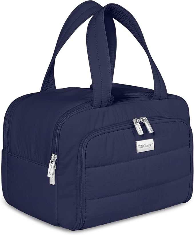 TOPDesign Travel Toiletry Bag for Women, Puffer Large Toiletry Bag, Lightweight Cosmetic Makeup Organizer with Handle for Traveling, Accessories, Essentials, Toiletries (Navy Blue)