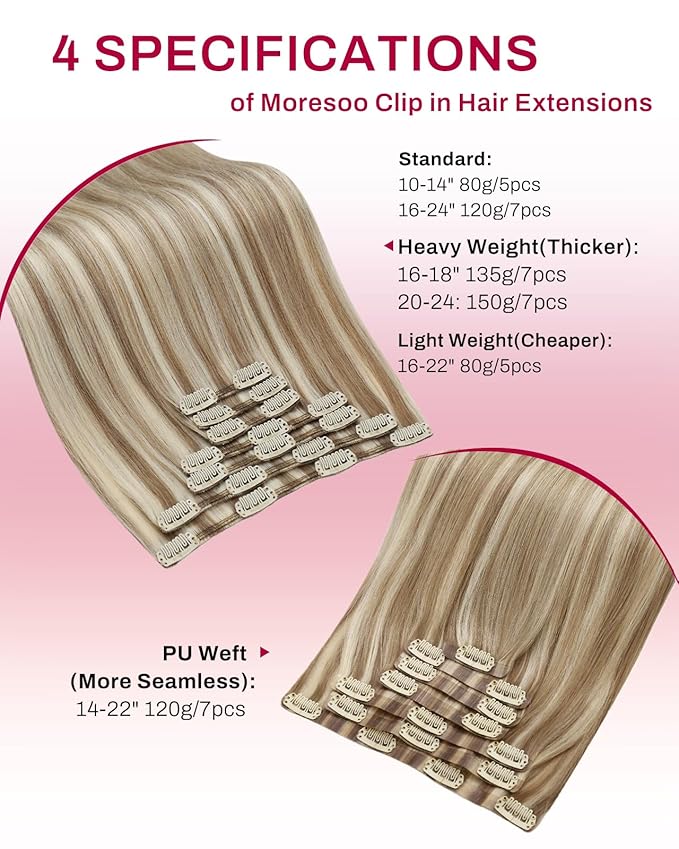 Moresoo Clip in Hair Extensions Remy Double Weft Human Hair Clip in Extensions Straight Hair Extensions for Women Light Brown Highlights with Blonde 7pcs 150g 24inch