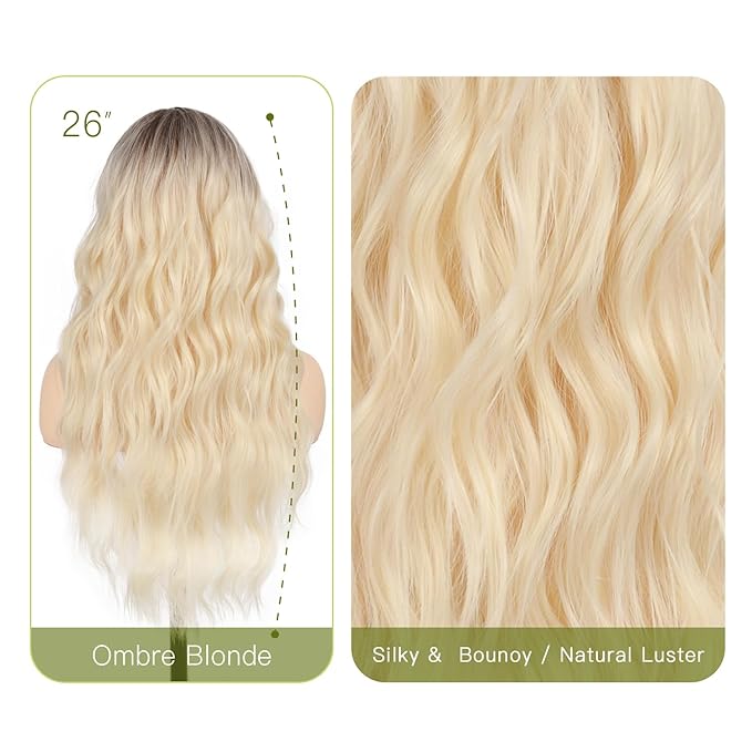 Long Wavy Ombre Blonde Wig with Curtain Bangs for Women 26 Inch Synthetic Wig Natural Looking Heat Resistant Fiber Hair Wig for Daily Party Halloween Cosplay Use