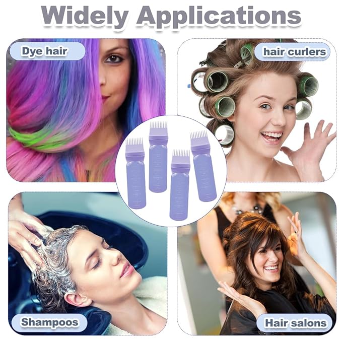 ELANE 4 Pcs Root Comb Applicator Bottle 6oz,Hair Oil Applicator Bottle for Hair,Oil Comb Applicator Hair Bottle Applicator for Hair Dye Shampoos Hair Salons Camping Traveling(Purple)
