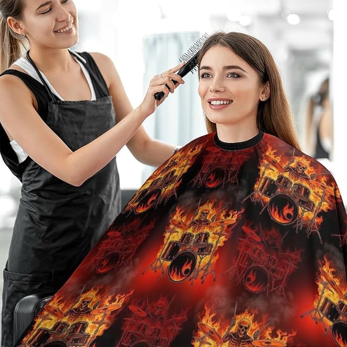 Extra Long Professional Salon Cape, Haircut Apron Rock Drum Fire Flame Skull Skeleton Hair Cutting Gown for Styling Hair Cut Hairdresser