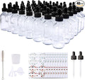 48 Pack 2oz Clear Glass Bottles with Glass Eye Droppers for Essential Oils, Perfumes & Lab Chemicals (Brush, Funnels, 2 Extra Droppers, 54 Pieces Labels & 30ml Measuring Cup Included)