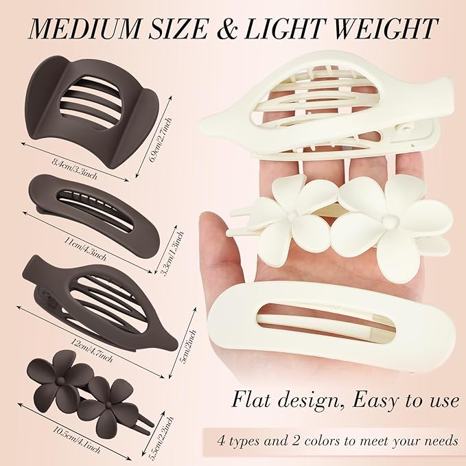Obeoby 8 Pcs Flat Hair Clips for Women, 4 Types French Flat Claw Clips Hair Barrettes Accessories Large Medium (Off-white, Dark Brown)