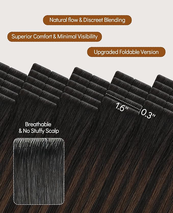 VINBAO Invisi Edge Tape in Hair Extensions, Natural Black Ombre Chocolate Brown 18in 50g 20pcs Invisible Injection Tape in Hair Extensions Human Hair Seamless 18inch #1BT4