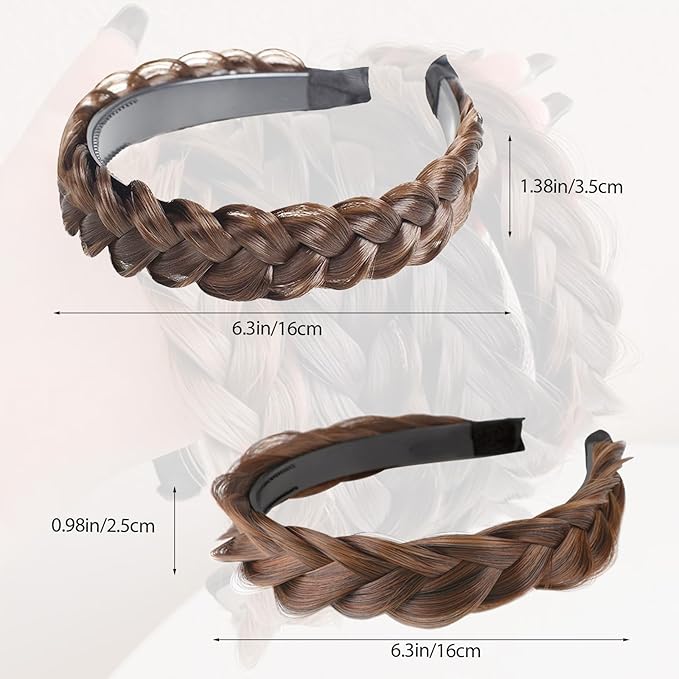 2PC Braided Headband with Tooth – Wide Faux Hair Braid Wig Hairband, Messy Fishbone & Geflochten Haarband Shape – for Women Fashion Accessories for Oktoberfest, Wedding, Parties, Comb Fit(Dark Brown)