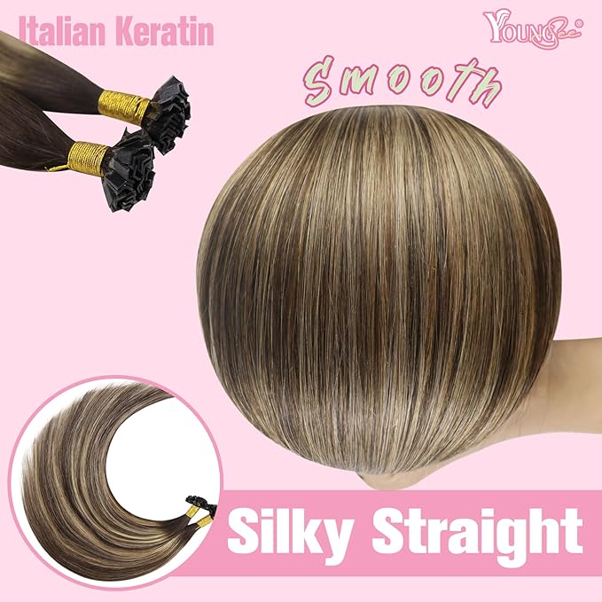 YoungSee Ombre K Tip Hair Extensions Real Human Hair Balayage Brown with Caramel Blonde Natural Hair Extensions Ktips Human Hair for Women 14In 1G/S 50G
