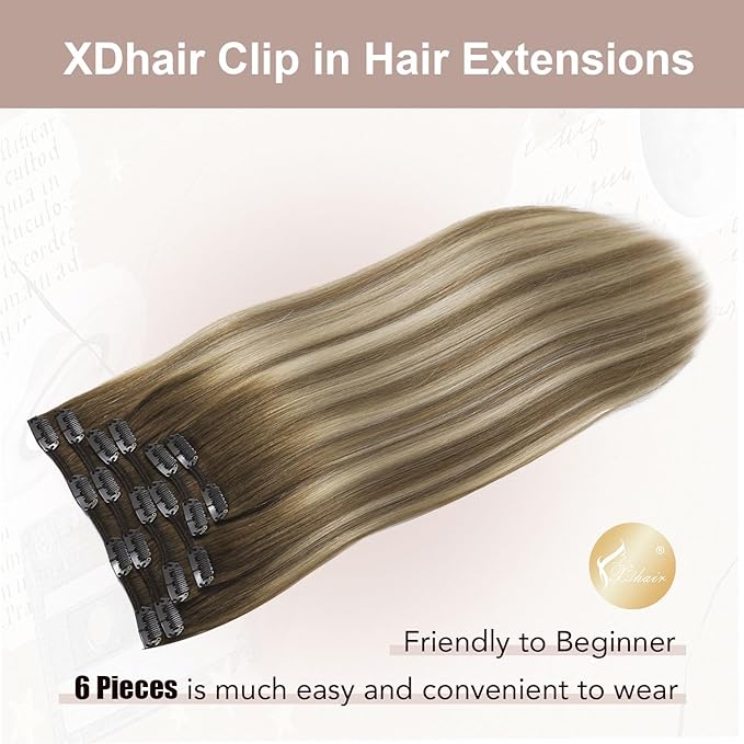 XDhair Balayage Human Hair Clip in Extensions 100g 6pcs 14 Inch Light Brown Mix Blonde Hair Extension Real Human Hair Clip ins Invisible Hair Extension(14”, 3/8/22)