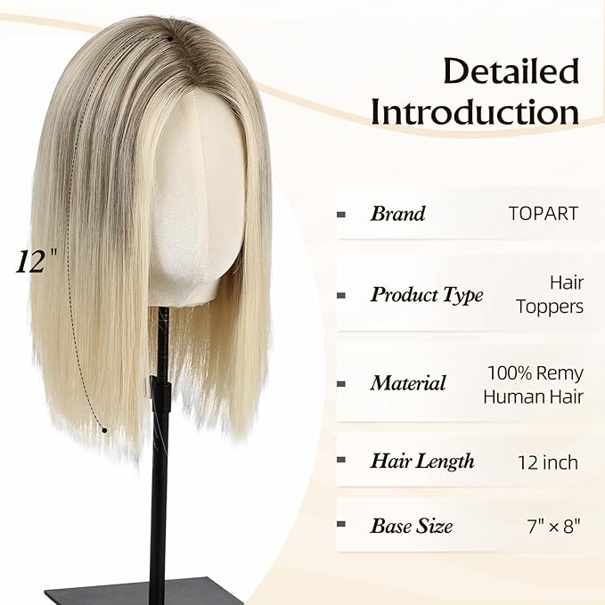 MONO TOP Hair Toppers for Women Human Hair 12 Inch 7"×8" Big Base Partial wig Cover Thinning Hair or Loss No Bangs Top Hair Pieces Natural Wiglets (Ombre Blonde)