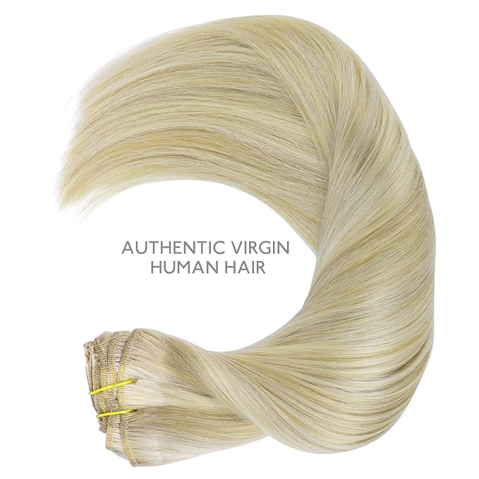 WENNALIFE Clip in Hair Extensions, 20 Inch 120g 7pcs Ash Blonde Highlighted Platinum Blonde Remy Hair Double Weft Straight Natural Extensiones De Cabello Humano Con Clip Ins