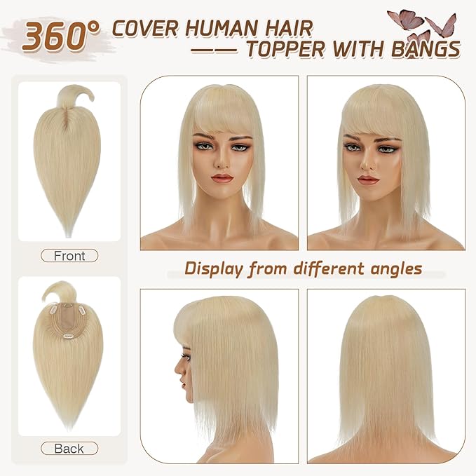 Rich Choices Real Human Hair Topper With Bang for Women - 100% Remy Hair for Thinning Hair, Clip in Silk Base, 12 Inch #613 Bleach Blonde