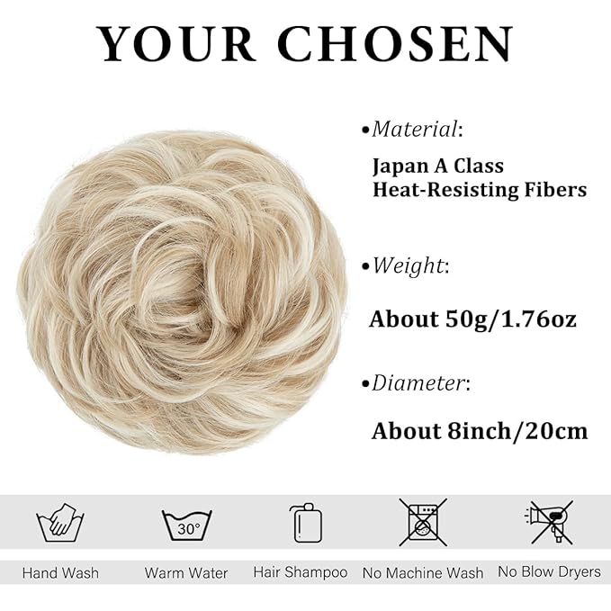 CJL HAIR Large Messy Bun Hair Piece Wavy Curly Scrunchies Synthetic Chignon Ponytail Hair Extensions Thick Updo Hairpieces for Women Cream Blonde