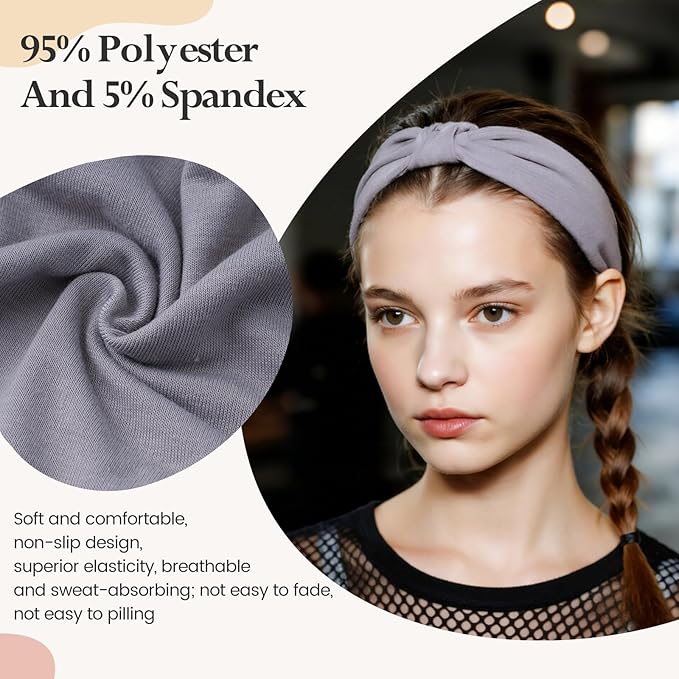 Headbands for Women, Wide Elastic Head Bands, Non-Slip Thick Hair Bands, Sports Stretchy Sweat Bands, Large Knotted Soft Headband for Washing Face, Makeup, Workout, Spa, Fashion