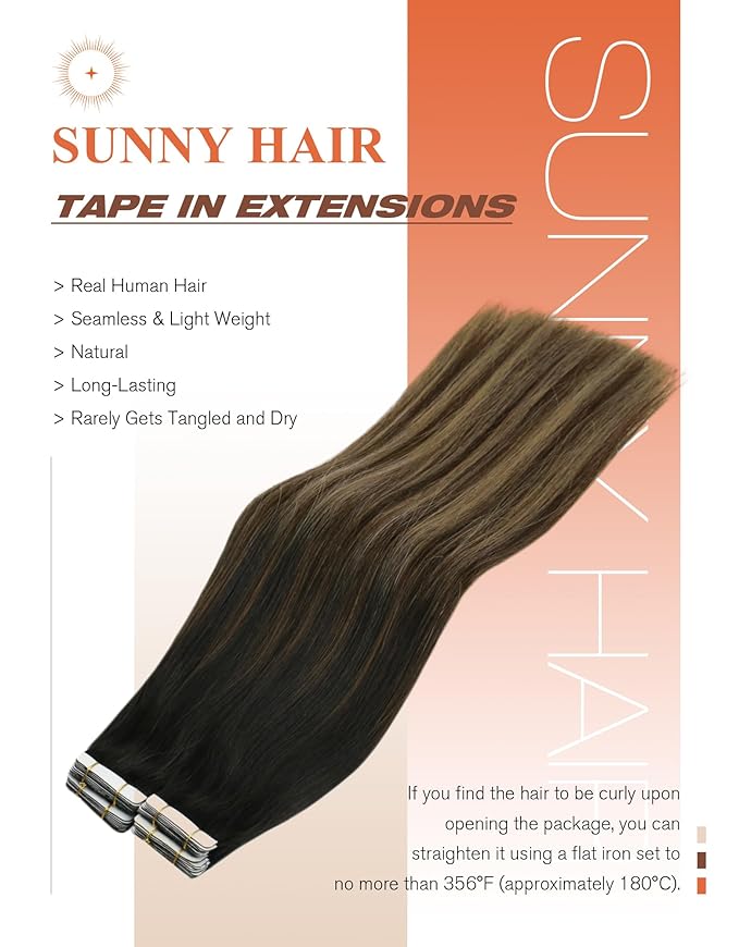 Sunny Hair Tape in Hair Extensions Human Hair Remy Hair Extensions Tape in, 16inch Black Brown Balayage Ash Blonde Tape in Human Hair Extensions Add Length for Wedding 20Pcs 50g
