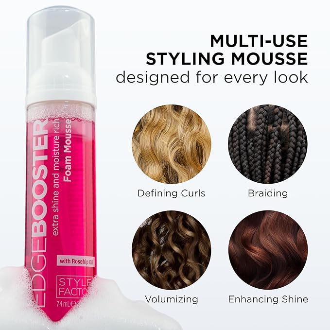 Style Factor EDGE BOOSTER Extra Shine & Moisture Rich Foam Mousse | Lightweight Styling for Curls, Waves, Braids, Locs & Protective Styles | Volume & Shine | With Biotin | 9 fl oz
