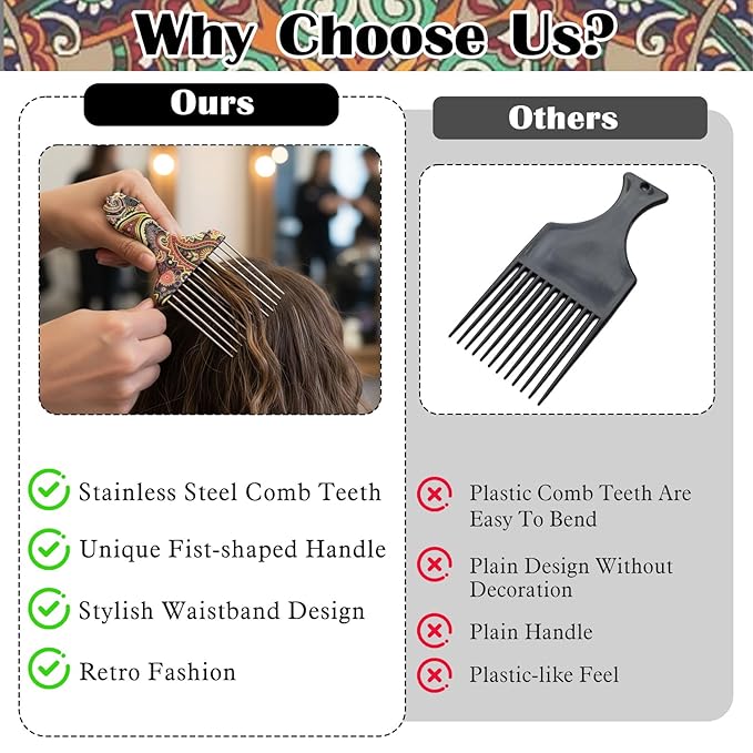 2 Pack Professional Stainless Steel Afro Pick Combs, Wide Tooth Metal Hair Picks for Curly Afro Braid Detangling Styling Women Men