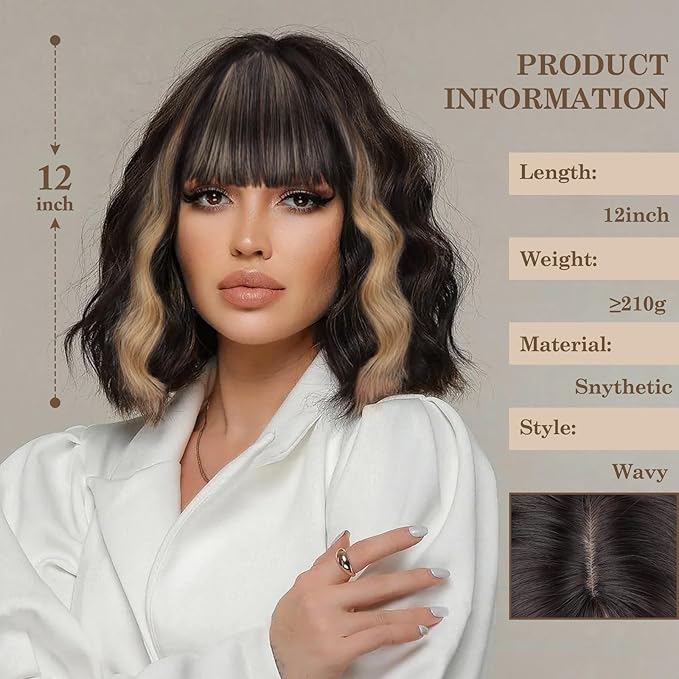 MISSQUEEN Black Blonde Wig with Bangs Short Highlights Curly Wig Heat Resistant Synthetic Fibre Wigs for Women Girls Daily Party Holiday Festival Chrismas Used