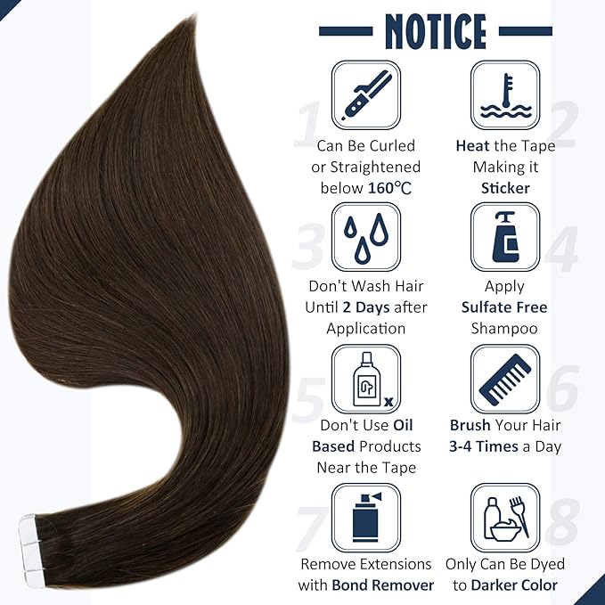 Full Shine Tape in Hair Extensions Human Hair Color Dark Brown Tape Hair Extensions Real Human Hair 14Inch Skin Weft Tape in Extensions 20pcs 50Gram Silky Straight Hair Extensions Tape in