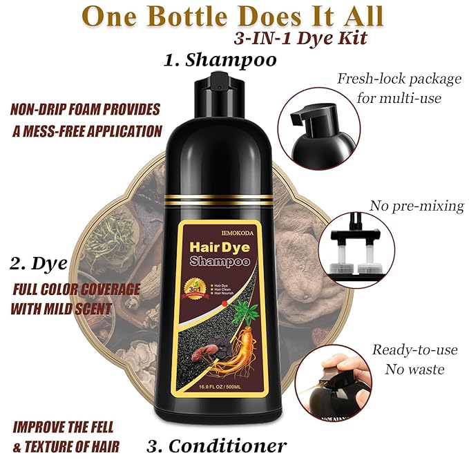 Hair Dye Shampoo for Gray Hair, 3-in-1 Color Shampoo Hair Dye for Women & Men, Natural Brown Hair Coloring Shampoo, Shampoo Tinte Para El Cabello, Plant Bubble Hair Dye, Easy to Use at Home (Coffee)