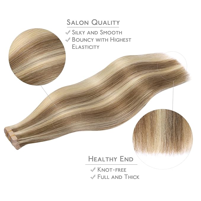 WENNALIFE Tape in Hair Extensions Human Hair, 20pcs 30g 10 inch Ash Brown with Platinum Blonde Highlights Remy Hair Extensions Straight Human Hair Tape in Extensions Skin Weft Tape Extensions
