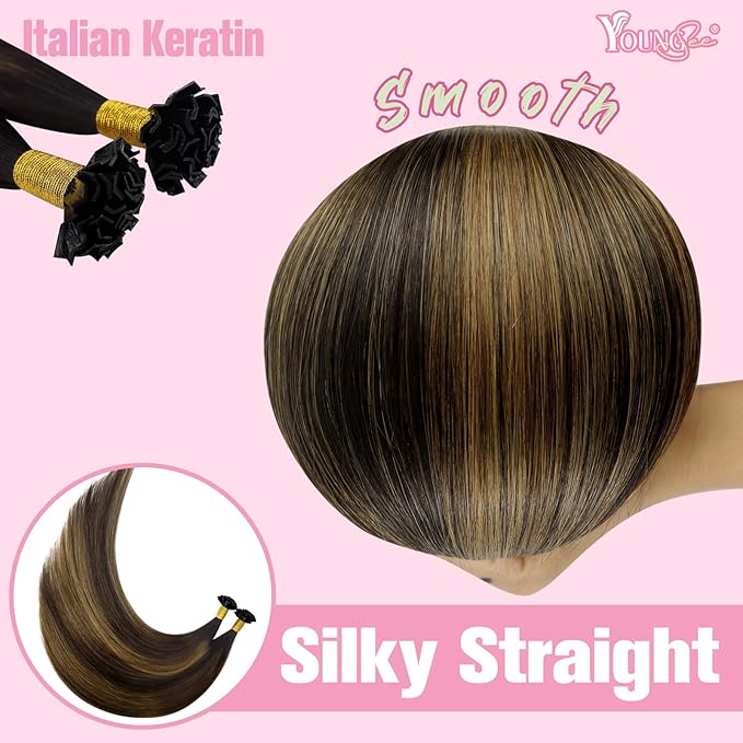 YoungSee Ktip Hair Extensions Balayage K Tip Human Hair Extensions Dark Brown with Medium Brown 14Inch Short 50s/50G