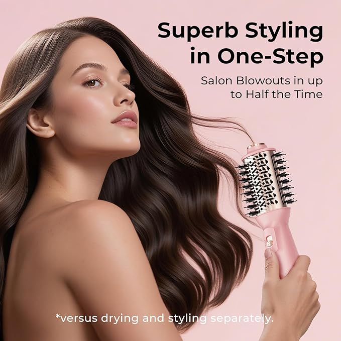 PLAVOGUE Mini Dual Voltage Hair Dryer Brush, 700 Watts Travel Hot Air Brush with European Plug，Ionic One Step Blow Dryer and Styling Brush with Ceramic Coating for Women for Home & Salon (Pink)