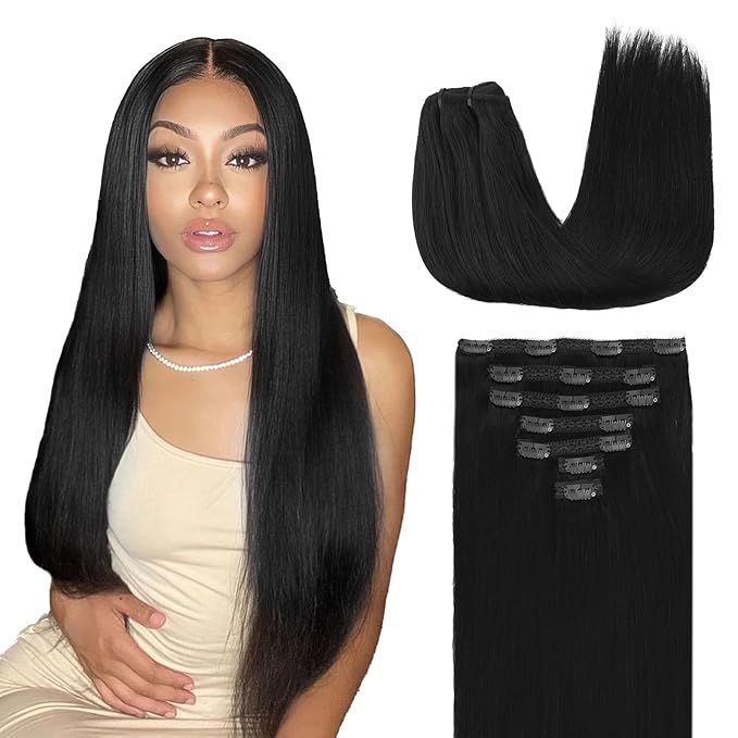 Lashey Clip in Hair Extensions Real Human Hair, 12 Inch 7pcs 120g #1 Jet Black, Straight Remy Human Hair Extensions Clip ins Thick Hair for Black Women