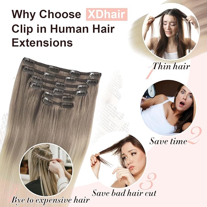 XDhair Clip in Hair Extensions Human Hair 120g18 Inch Balayage Ombre Ash Brown to Platinum Blonde Double Weft Clip in Hair Extensions 6pcs for Women(18, #8T60)