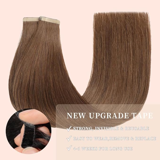 Tape Ins Hair Extensions Human Hair 20pcs 24 Inches Hair Extensions for White Women Invisible Seamless Tape in Extensions Human Hair Skin Weft Medium Brown (6#)