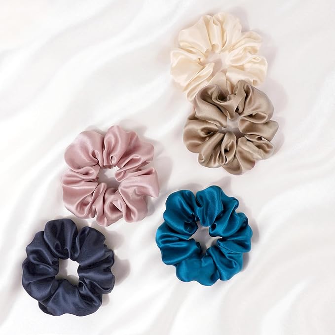 Zenssia Silk Scrunchies for Hair, Mulberry Silk Hair Ties for Women and Girls, No Damage Elastic Ponytail Holders（Black, Champagne, Light Plum）
