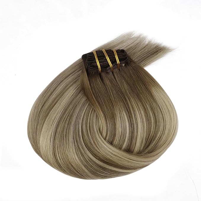 Ve Sunny Clip in Hair Extensions 22inch Real Hair Clip in Extensions Ombre Human Hair Extensions Clip ins Dark Brown to Light Brown with Blonde Balayage Winter Clip on Hair Extensions 120g 7pcs