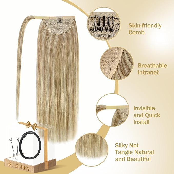 Ve Sunny Hair Extensions Ponytail Real Human Hair Wrap Around Clip in Ponytail Hair Extensions Straight Extensions Human Hair for Women Dark Blonde Highlights Golden Blonde 20inch 80G