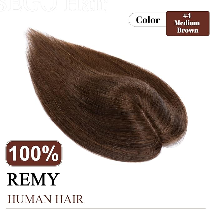 SEGO Human Hair Topper for Women, No Bangs Real Hair Topper with Anti-Slip Clips (12 Inch#4 Medium Brown)