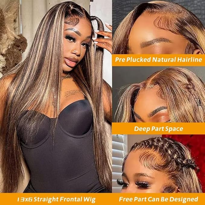 13x6 Ombre Lace Front Wigs Human Hair for Women 180 Density 4/27 Highlight Colored HD Transparent 24 Inch Straight Lace Front Wig Human Hair Pre Plucked Glueless Lace Frontal Wigs