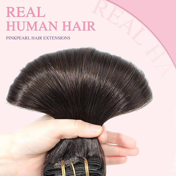 PINKPEARL Human Hair Extensions Clip ins 14inch Clip in Hair Extensions #2 Dark Brown Real Human Hair Clip on 120g 7pcs Remy Hair Clip ins for Women(#2-14)