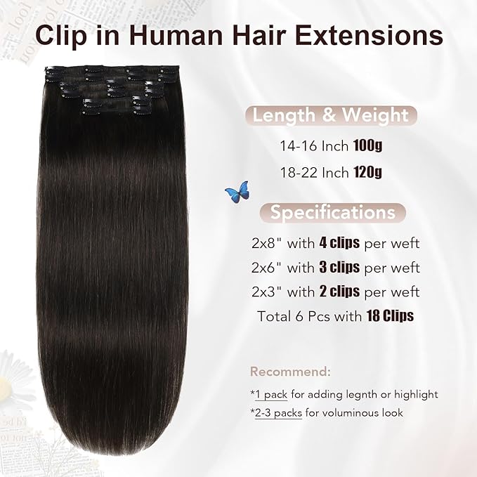 XDhair Clip in Hair Extensions Real Human Hair 18 Inch 120g Natural Straight Human Hair Clip in Extensions for Woman, Soft Straight 6pcs Per Set with 18 Clips Double Weft #1B