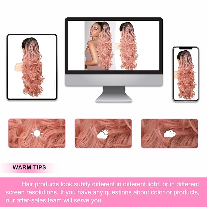 ALXNAN Ponytail Extension,24 Inch Claw Clip in Long Curly Wavy Omber Black to Pink Ponytail Hair Extension Jaw Clip on Pony Tails Hairpiece for Women