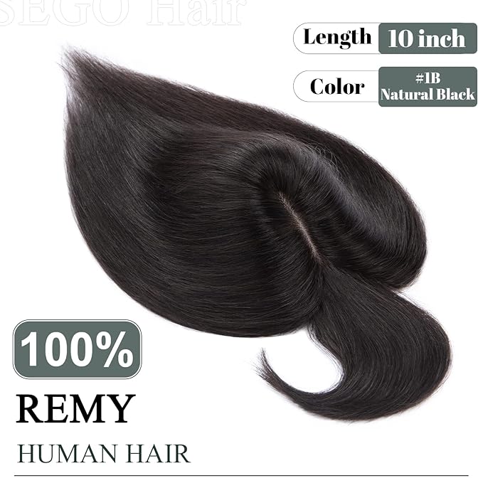 SEGO Hair Toppers for Women Real Human Hair with Thinning Hair, Toppers Hair Pieces Clip in Toppers Straight Hair Pieces with Front Bangs 150% Density Silk Base -10 Inch #1B Natural black