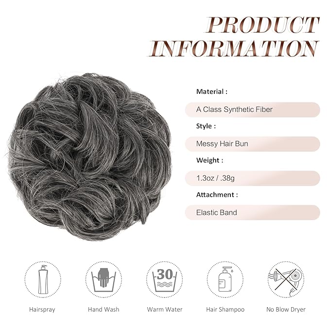 FESHFEN Messy Bun Hair Piece - Elastic Wavy Curly Hair Bun Scrunchies Extensions Synthetic Chignon Hairpieces for Women Girls, Dark Salt and Pepper 1.5 oz