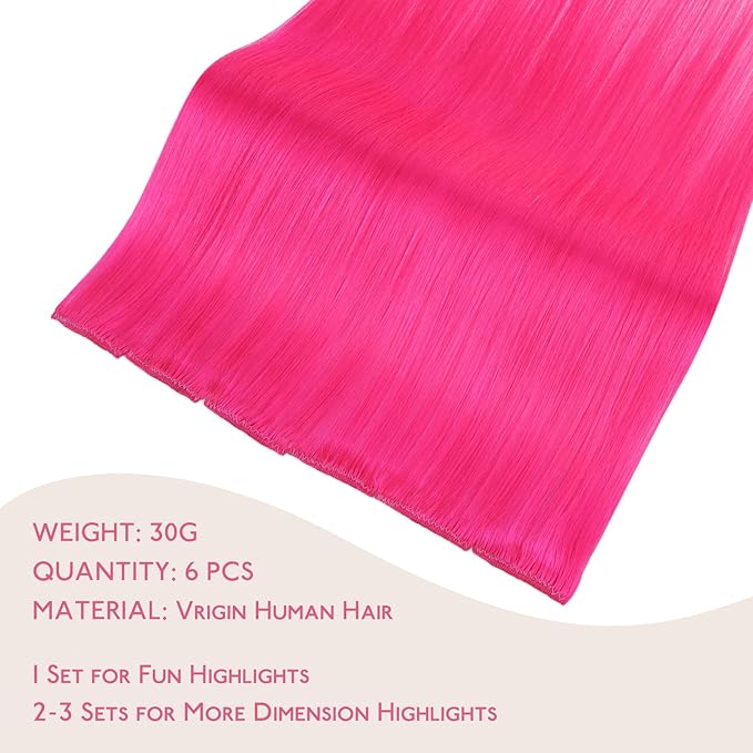 WENNALIFE Hot Pink Clip in Hair Extensions Real Human Hair 35g 6pcs 24 Inch Colored Hair Extensions for Kids Women Colorful Hair Pieces Pop-up Style Straight Extensiones De Cabello Humano Con Clip