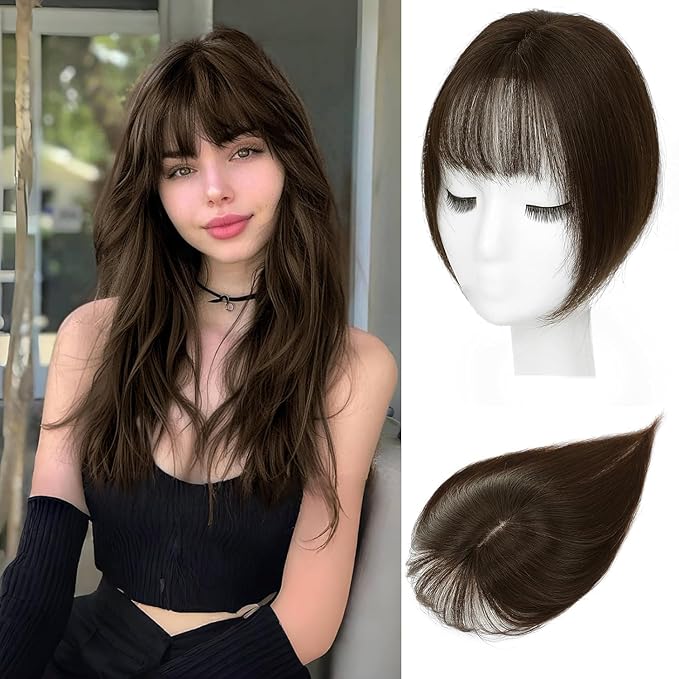 Hair Toppers for Women Real Human Hair, 360°3D Bangs Clip Human Toppers for Women with Thinning hair Realistic Scalp Line (Medium Brown, 3D Wispy Bangs(11 * 7))