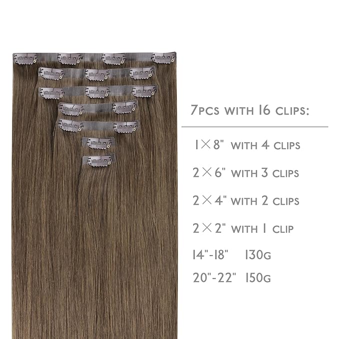 WENNALIFE Seamless Clip In Hair Extensions Human Hair, 20 Inch 150g 7pcs Light Ash Brown Real Hair Extensions Clip in Human Hair Invisible PU Skin Weft Natural Remy Human Hair Extensions